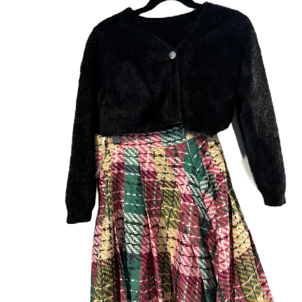 Black Fuzzy Cardigan with Plaid Skirt